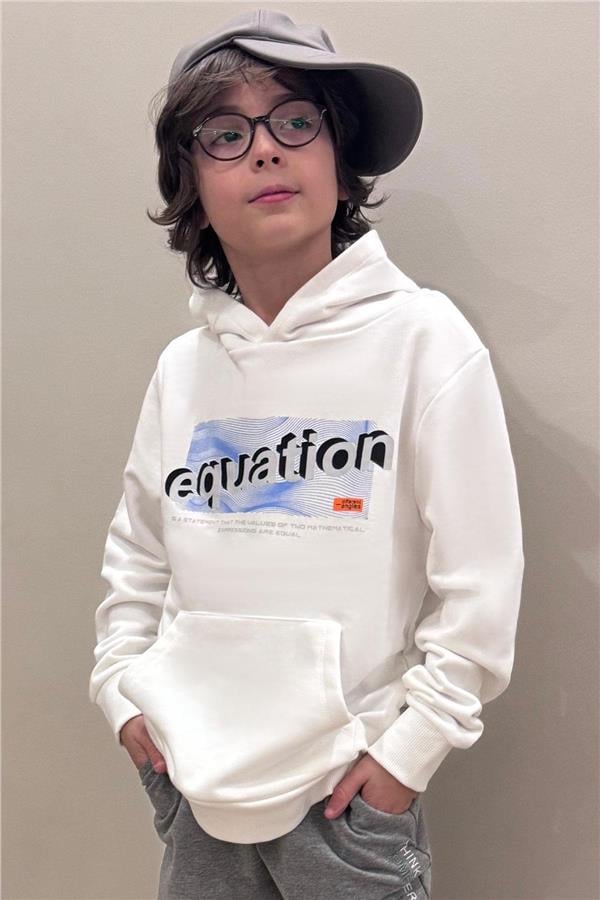 Boys' Sweatshirt with Printed Text, Kangaroo Pocket, Hooded, White (Ages 8-14)