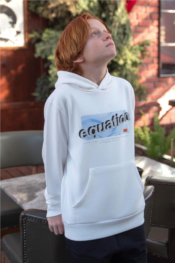 Boys' Sweatshirt with Printed Text, Kangaroo Pocket, Hooded, White (Ages 8-14)