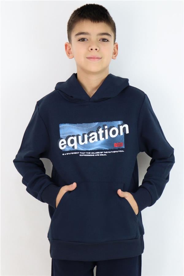 Boys' Sweatshirt with Printed Text, Kangaroo Pocket, Hooded, Navy Blue (Ages 8-14)