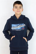 Boys' Sweatshirt with Printed Text, Kangaroo Pocket, Hooded, Navy Blue (Ages 8-14)