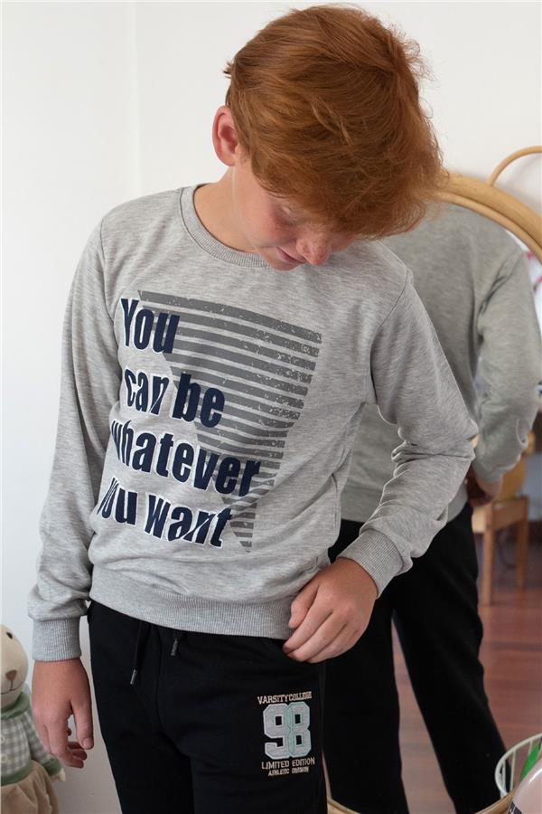 Boys' Sweatshirt with Text Print, Dark Grey Melange (Ages 8-9)