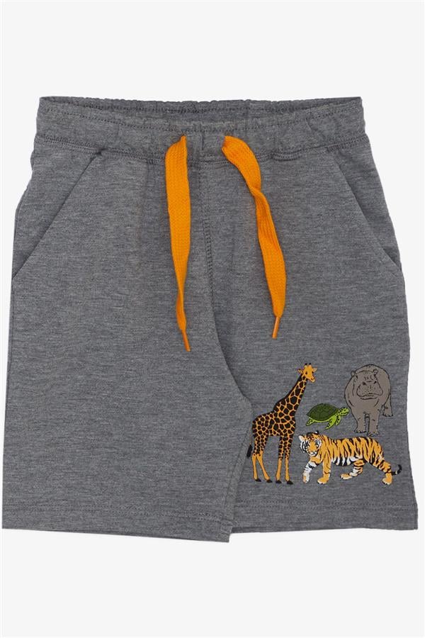 Boys' Matching Shorts Set in Dark Grey Melange with Strong Animal Pattern (1.5-3 Years)