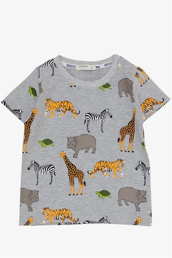 Boys' Matching Shorts Set in Grey Melange with Strong Animal Pattern (1.5-3 Years)