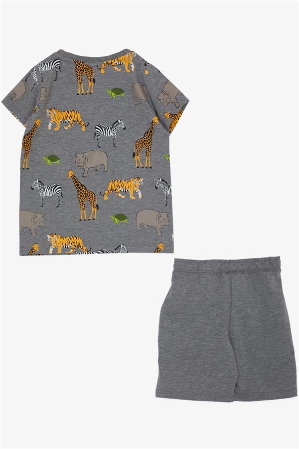 Boys' Matching Shorts Set in Dark Grey Melange with Strong Animal Pattern (1.5-3 Years)