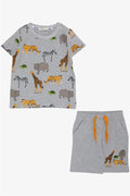 Boys' Matching Shorts Set in Grey Melange with Strong Animal Pattern (1.5-3 Years)