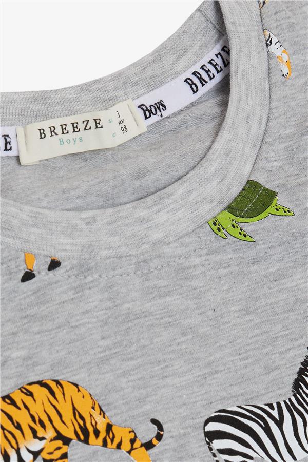 Boys' Matching Shorts Set in Grey Melange with Strong Animal Pattern (1.5-3 Years)