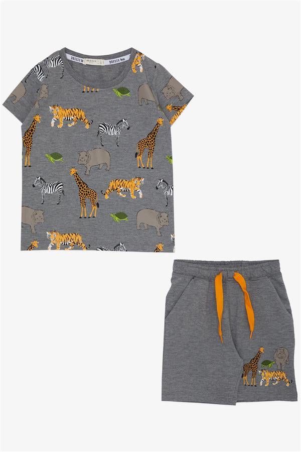 Boys' Matching Shorts Set in Dark Grey Melange with Strong Animal Pattern (1.5-3 Years)