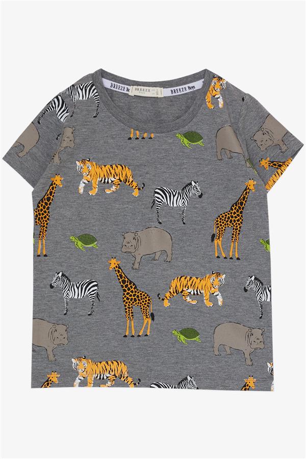 Boys' Matching Shorts Set in Dark Grey Melange with Strong Animal Pattern (1.5-3 Years)