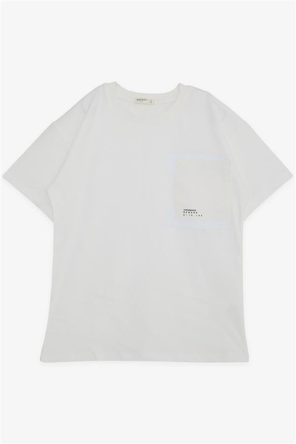 Boys' T-Shirt with Pockets and Printed Text, Off-White (Ages 9-14)