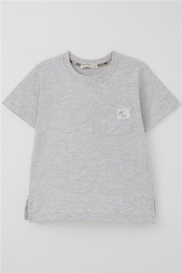 Boys' T-Shirt with Cool Text, Emblem, Pockets, Light Grey Melange (1.5-5 Years)