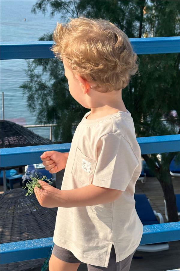 Boys' T-Shirt with Cool Text, Emblem, and Pockets, Beige (Ages 1.5-5)