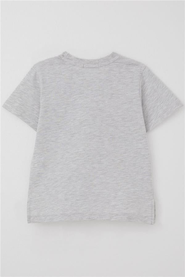 Boys' T-Shirt with Cool Text, Emblem, Pockets, Light Grey Melange (1.5-5 Years)
