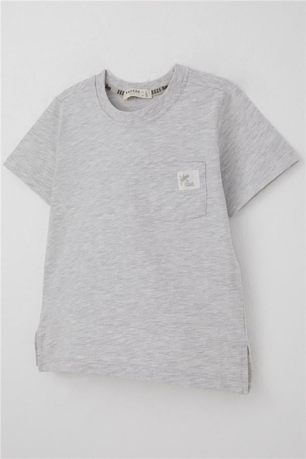 Boys' T-Shirt with Cool Text, Emblem, Pockets, Light Grey Melange (1.5-5 Years)