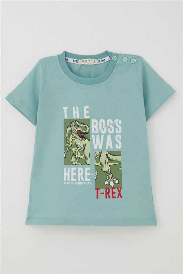 Boys' T-Shirt with Strong Dinosaur Print, Aqua Green (1.5-5 Years)