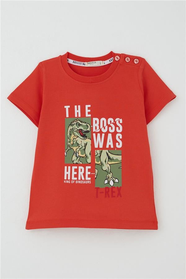 Boys' T-Shirt with Strong Dinosaur Print, Pomegranate Blossom (1.5-5 Years)