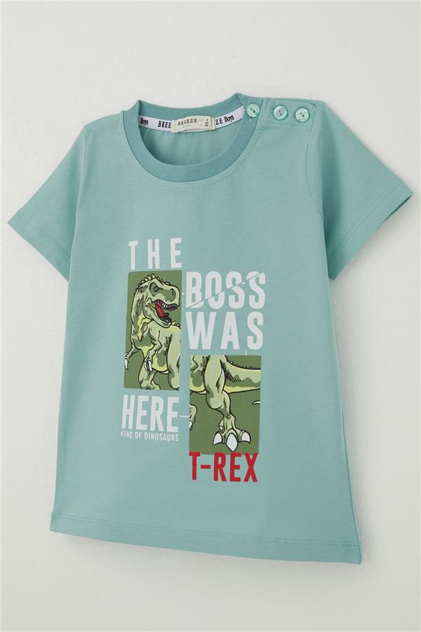 Boys' T-Shirt with Strong Dinosaur Print, Aqua Green (1.5-5 Years)