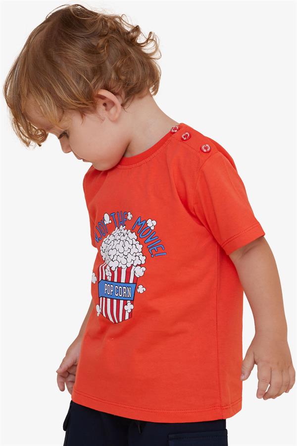 Boys' T-Shirt with Popcorn Print, Coral (Ages 2-6)