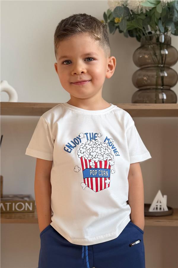 Boys' T-Shirt with Popcorn Print, Off-White (Ages 2-6)