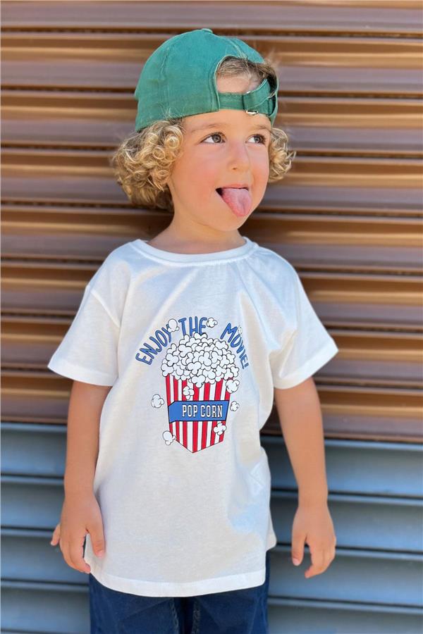 Boys' T-Shirt with Popcorn Print, Off-White (Ages 2-6)