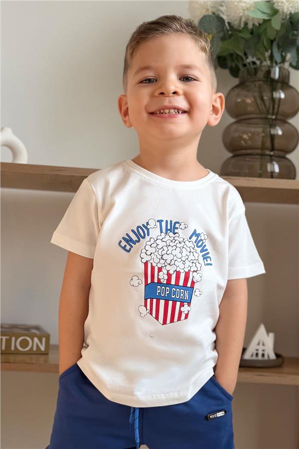 Boys' T-Shirt with Popcorn Print, Off-White (Ages 2-6)