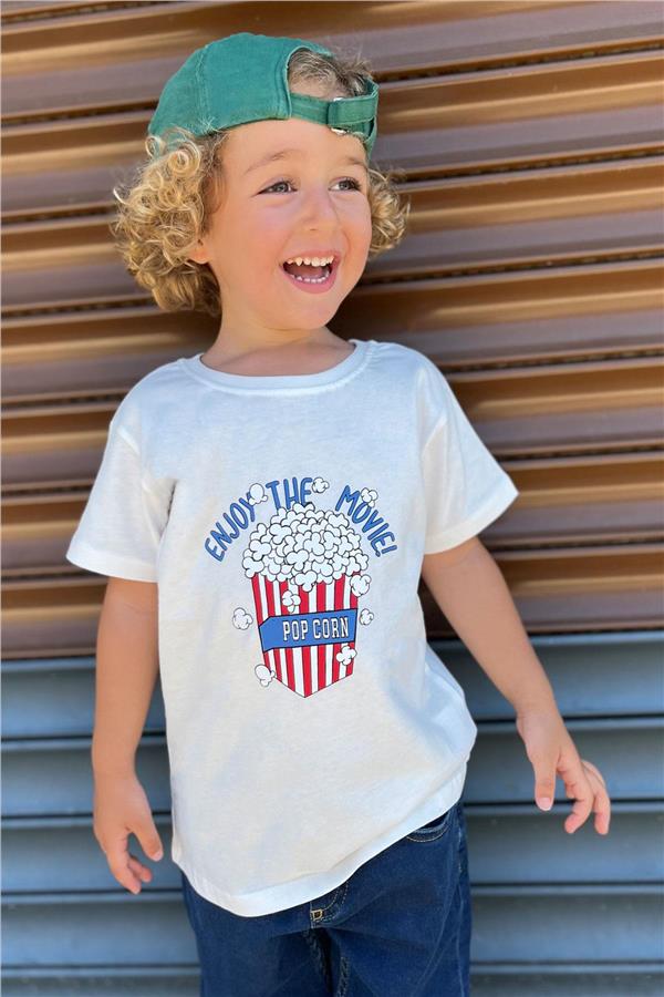 Boys' T-Shirt with Popcorn Print, Off-White (Ages 2-6)