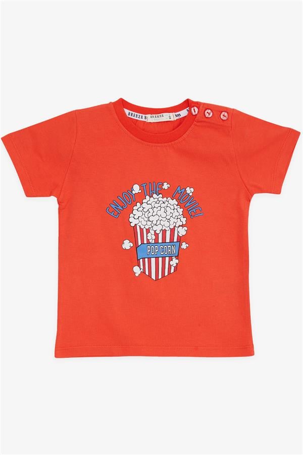Boys' T-Shirt with Popcorn Print, Coral (Ages 2-6)
