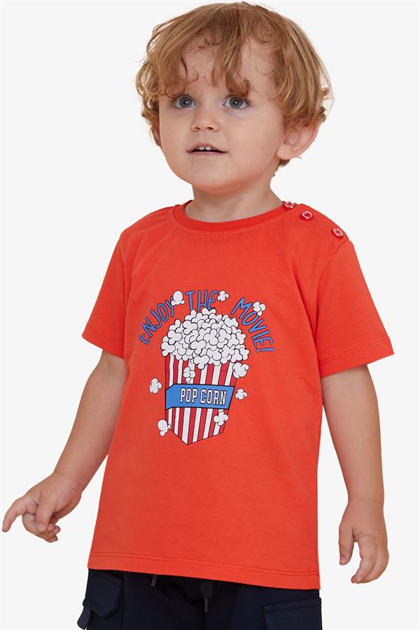 Boys' T-Shirt with Popcorn Print, Coral (Ages 2-6)