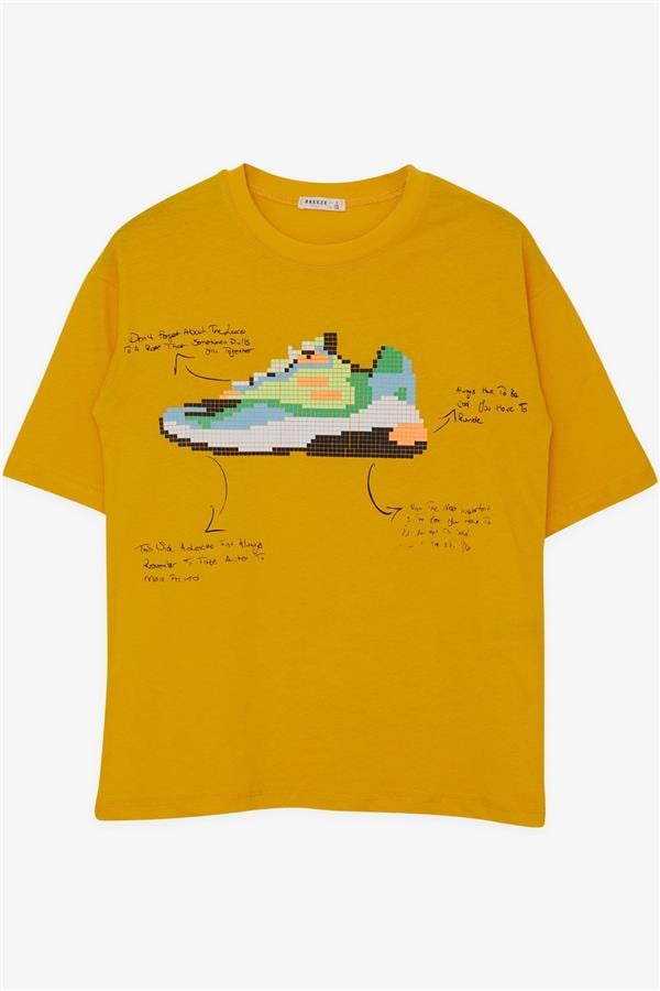 Boys' T-Shirt with Colorful Shoe Print, Mustard Yellow (Ages 9-16)