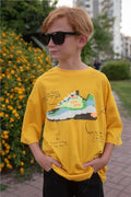 Boys' T-Shirt with Colorful Shoe Print, Mustard Yellow (Ages 9-16)