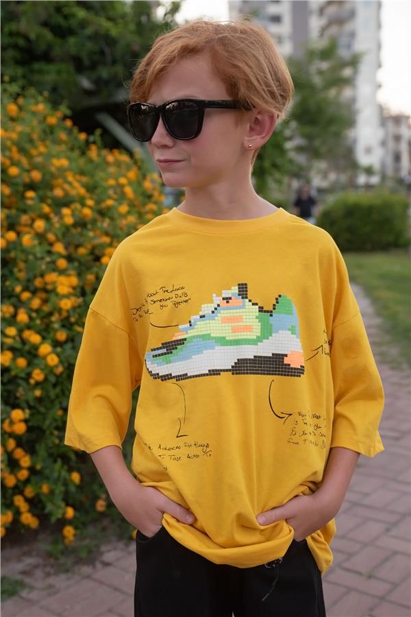 Boys' T-Shirt with Colorful Shoe Print, Mustard Yellow (Ages 9-16)