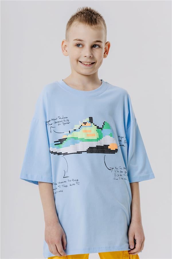 Boys' T-Shirt with Colorful Shoe Print, Light Blue (Ages 9-16)