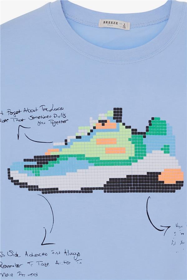 Boys' T-Shirt with Colorful Shoe Print, Light Blue (Ages 9-16)