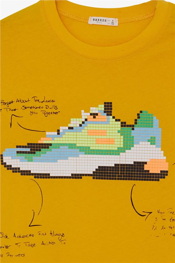 Boys' T-Shirt with Colorful Shoe Print, Mustard Yellow (Ages 9-16)