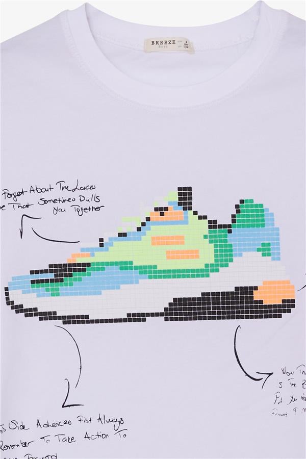 Boys' T-Shirt with Colorful Shoe Print, White (Ages 9-14)