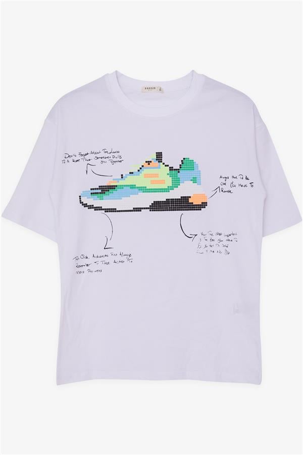 Boys' T-Shirt with Colorful Shoe Print, White (Ages 9-14)