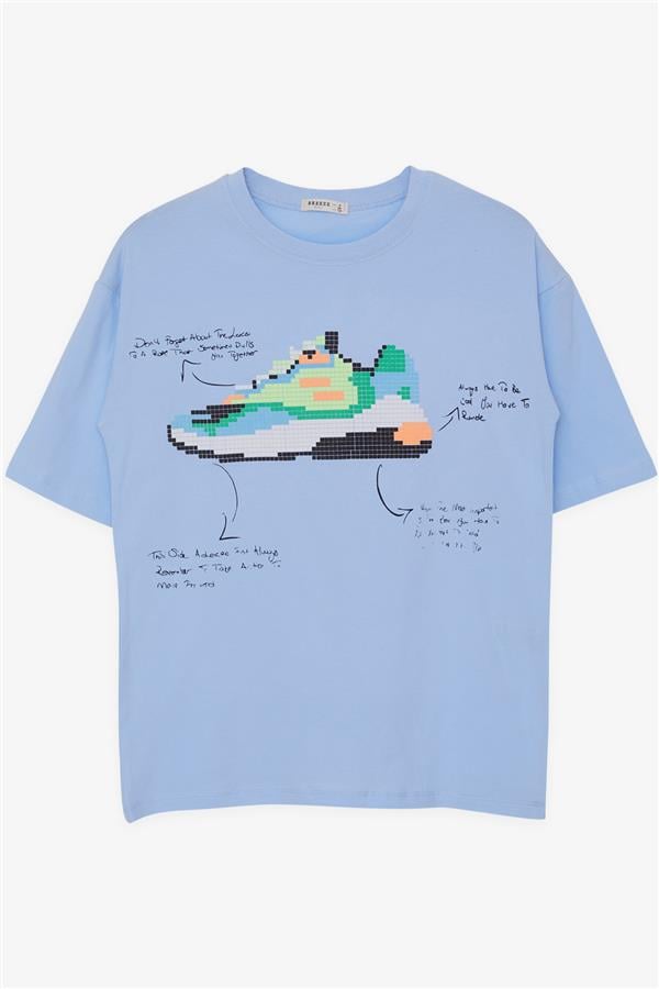 Boys' T-Shirt with Colorful Shoe Print, Light Blue (Ages 9-16)