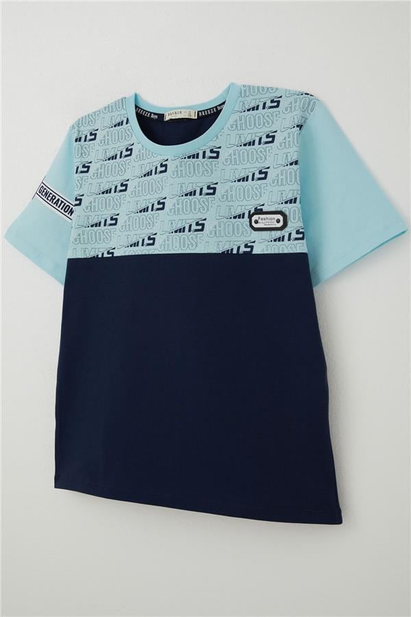 Boys' T-Shirt with Printed Text and Emblem, Light Blue (Ages 9-16)