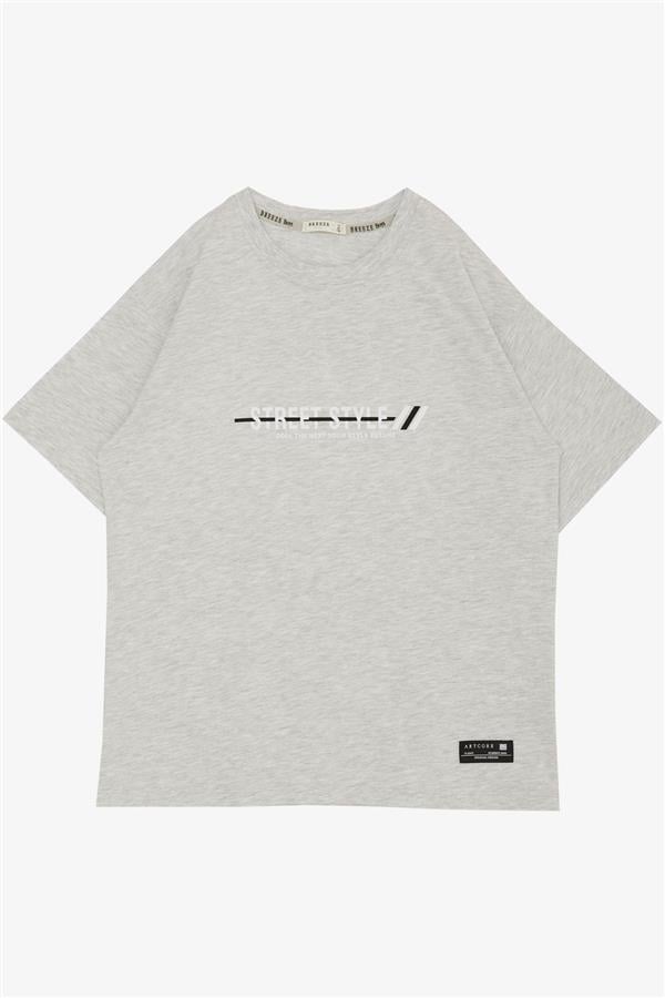 Boys' T-Shirt with Printed Text and Emblem, Light Grey Melange (Ages 9-14)