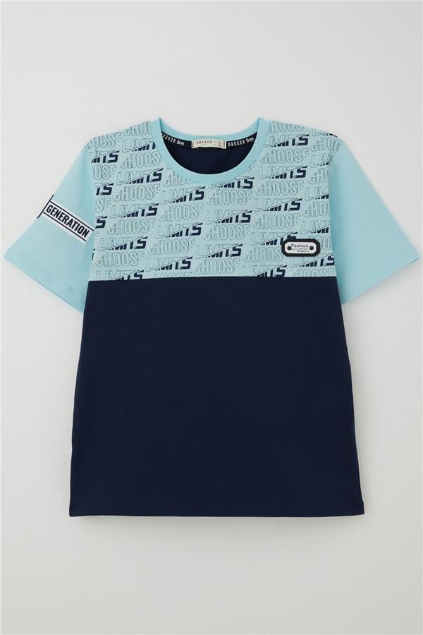 Boys' T-Shirt with Printed Text and Emblem, Light Blue (Ages 9-16)