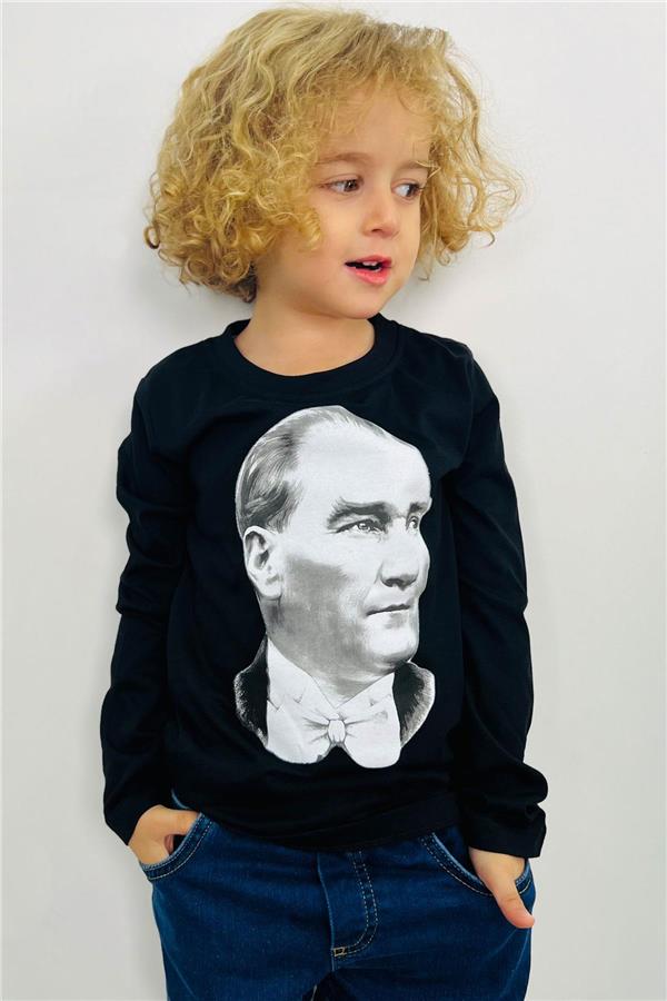 Boys' Long-Sleeved T-Shirt with Atatürk Print, Black (Ages 5-14)