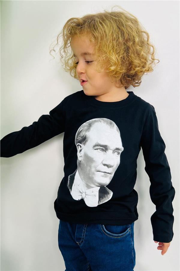 Boys' Long-Sleeved T-Shirt with Atatürk Print, Black (Ages 5-14)