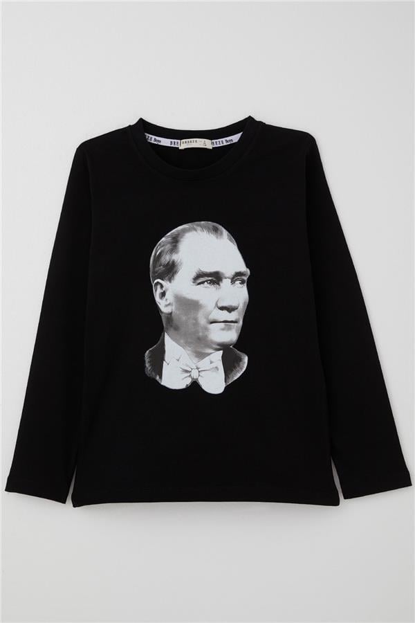 Boys' Long-Sleeved T-Shirt with Atatürk Print, Black (Ages 5-14)