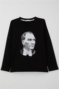 Boys' Long-Sleeved T-Shirt with Atatürk Print, Black (Ages 5-14)