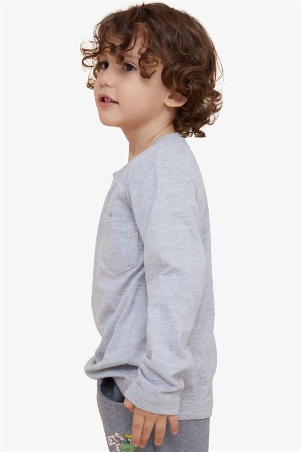 Boys' Long-Sleeved T-Shirt with Pockets, Light Grey Melange (Ages 4-8)