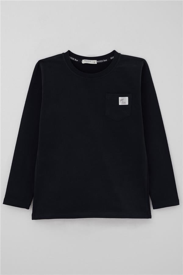 Boys' Long-Sleeve T-Shirt with Cool Text and Emblem, Navy Blue, Pockets (Ages 4-8)