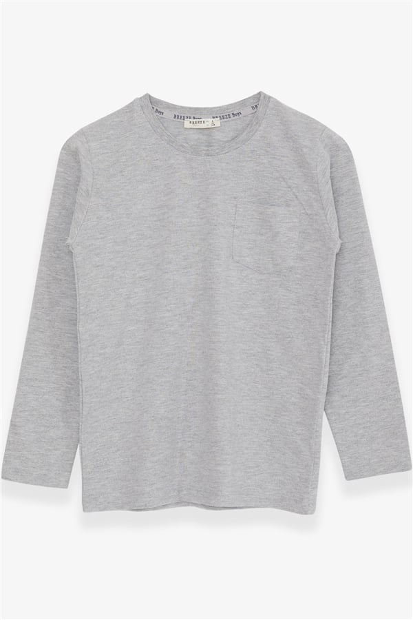 Boys' Long-Sleeved T-Shirt with Pockets, Light Grey Melange (Ages 4-8)