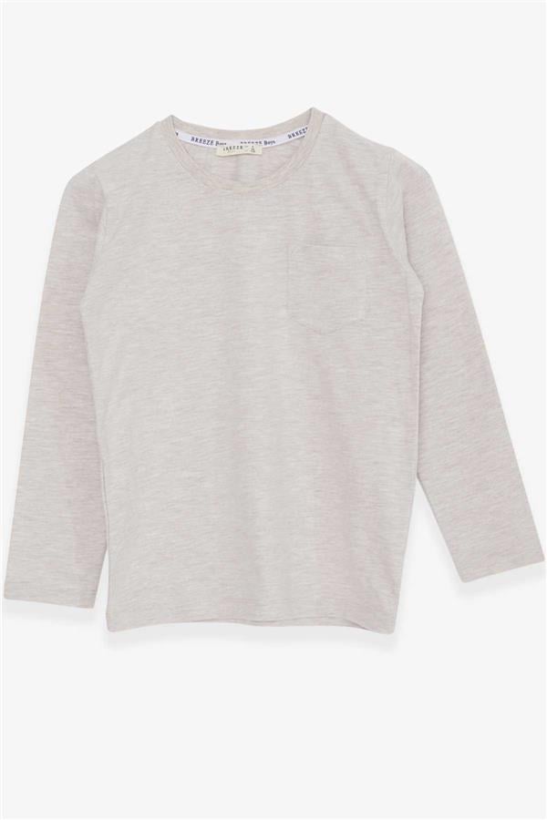 Boys' Long-Sleeved T-Shirt with Pockets, Beige Melange (Ages 4-8)