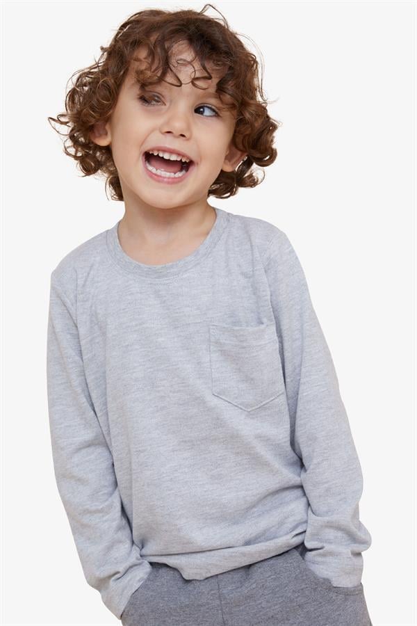 Boys' Long-Sleeved T-Shirt with Pockets, Light Grey Melange (Ages 4-8)