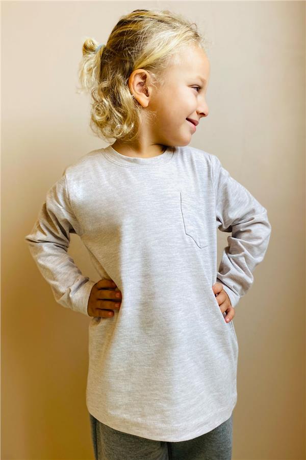 Boys' Long-Sleeved T-Shirt with Pockets, Beige Melange (Ages 4-8)