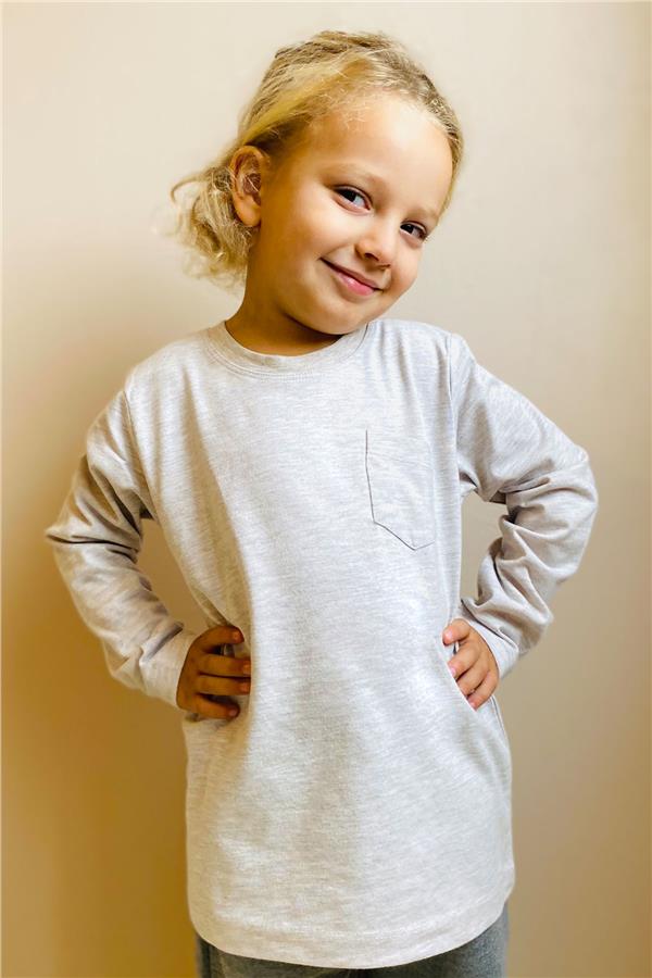 Boys' Long-Sleeved T-Shirt with Pockets, Beige Melange (Ages 4-8)
